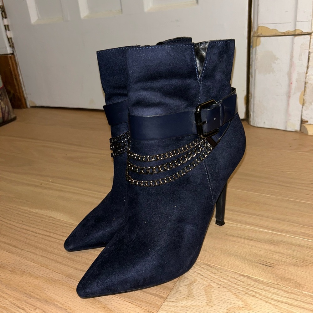 Le Chateau Navy Heeled Boots with Chain Accent